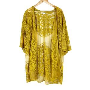 Umgee Kimono Cardigan Womens S Mustard Yellow Floral Embroidered Cottagecore